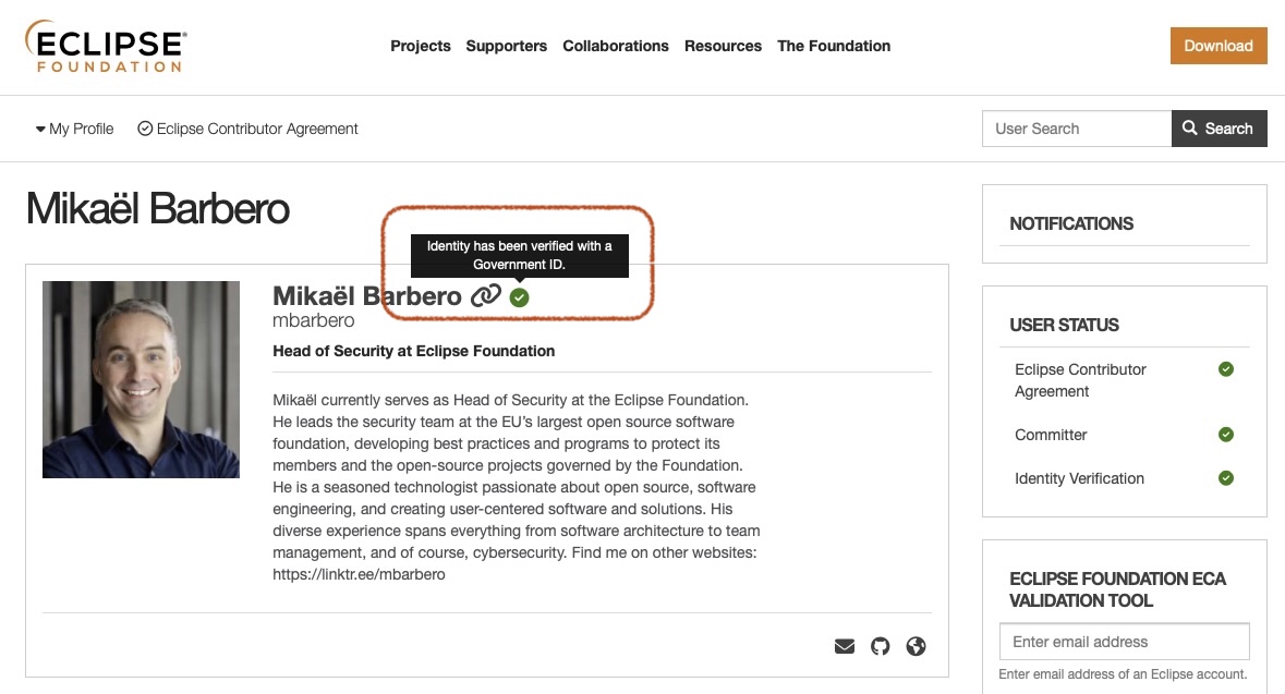 ID verification badge on Eclipse Foundation user account